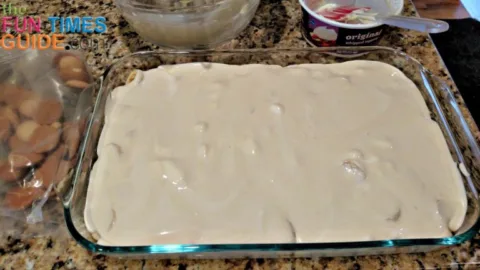 This is what it looks like when the entire pudding mixture is poured on top of the banana slices.