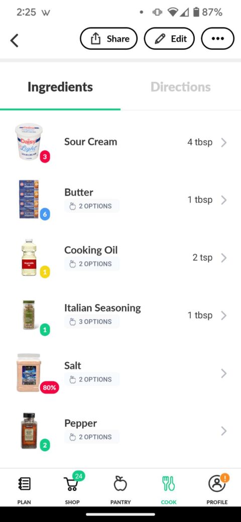 cooklist-pantry-expiration-dates A screenshot of my Cooklist app showing the ingredients required for a recipe. RED = expired. BLUE = item is in the freezer YELLOW = it's about to expire. GREEN = fresh/not expired