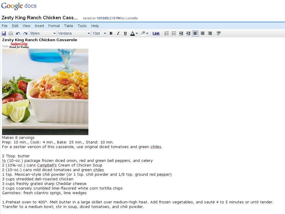 Close up view of a single recipe stored in Google Docs.
