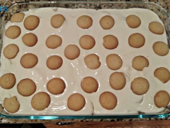 This is the way I USED to make my homemade banana pudding recipe -- with the Vanilla Wafers placed randomly on top of the pudding mixture. 