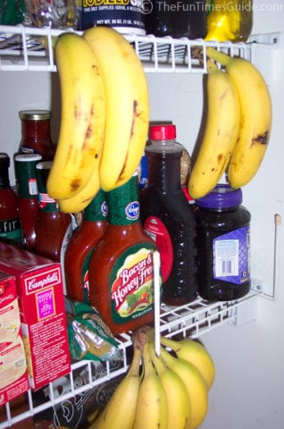 My homemade banana stand: using the shelves in our pantry! The bruising you see is from their time on the store shelf.
