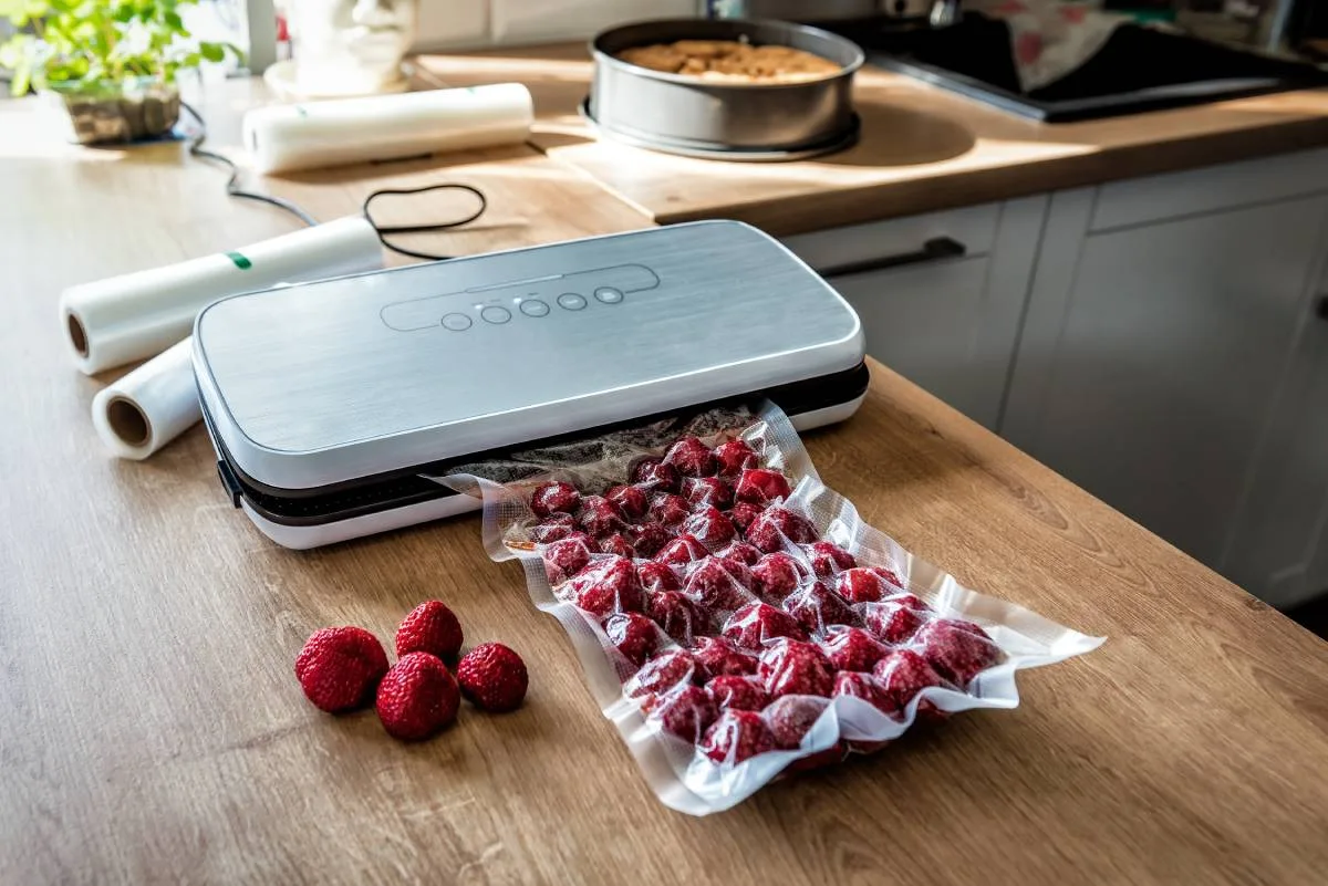 After using the vacuum food sealer to remove the air from fresh strawberries.